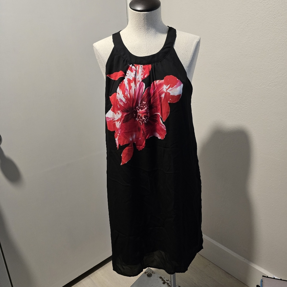 MSK Black Dress with Red Floral Accent SZ 8